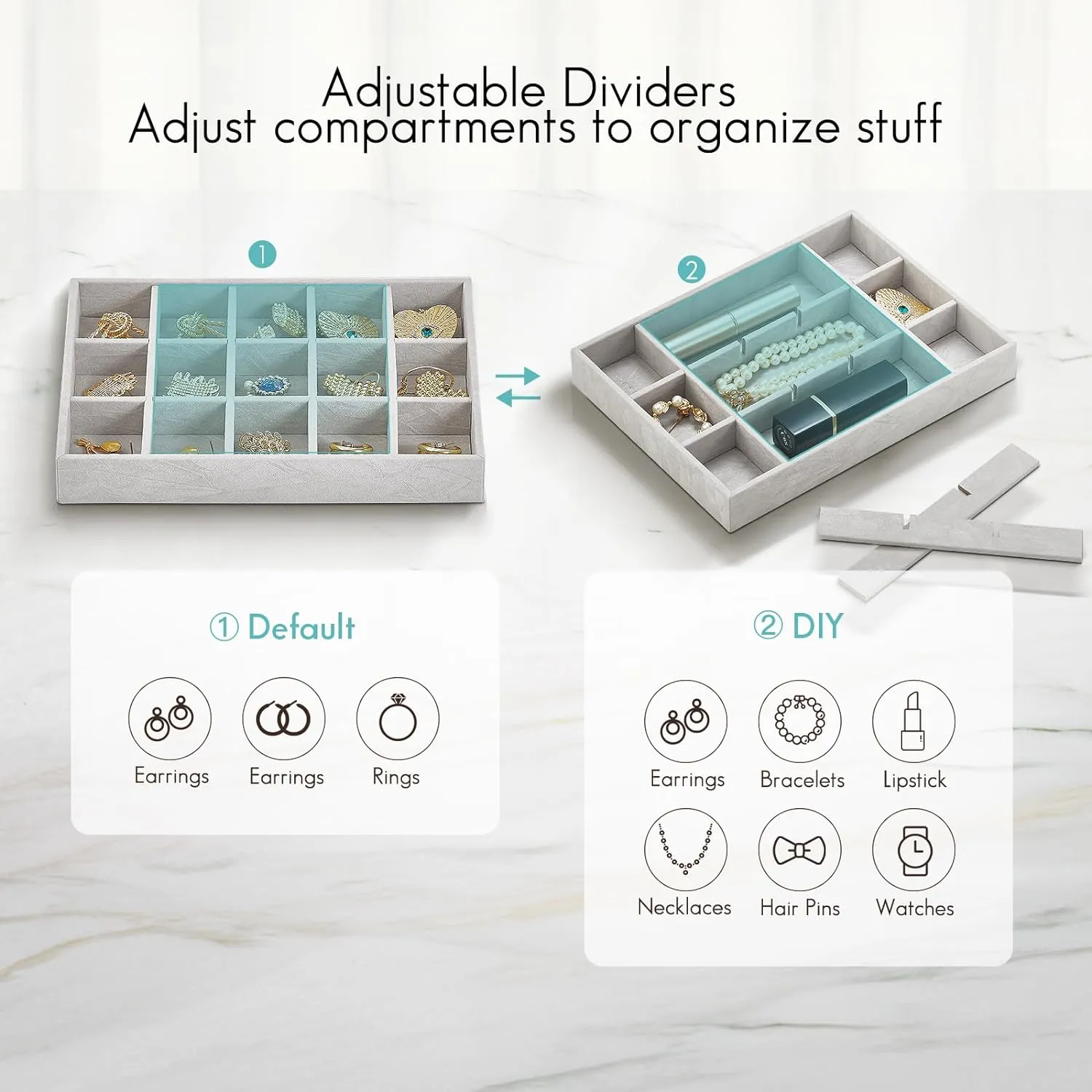 Vlando 6 Grids & Rings Slot Jewelry Tray, Small Drawer Jewelry Organizer, Stackable Organizer Trays - Grey