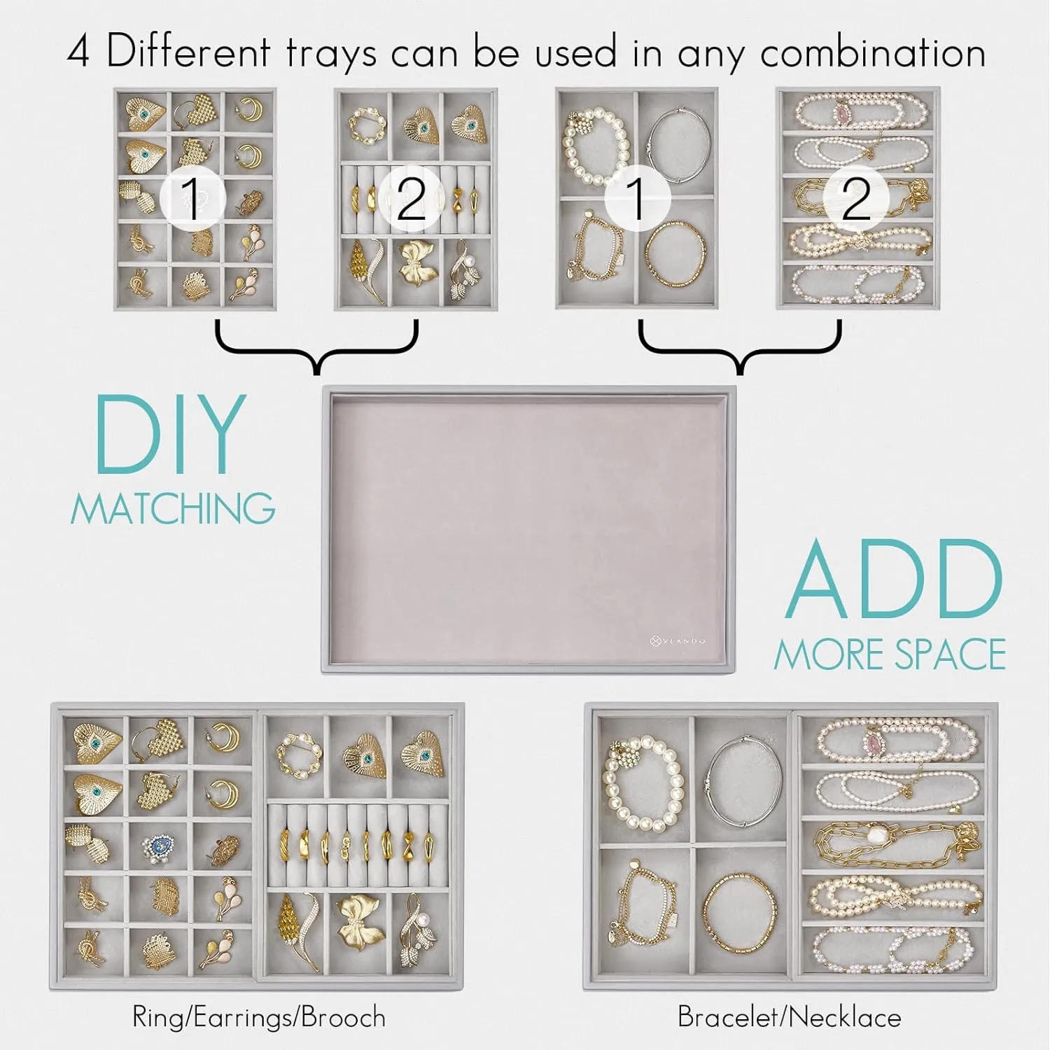 Vlando 6 Grids & Rings Slot Jewelry Tray, Small Drawer Jewelry Organizer, Stackable Organizer Trays - Grey