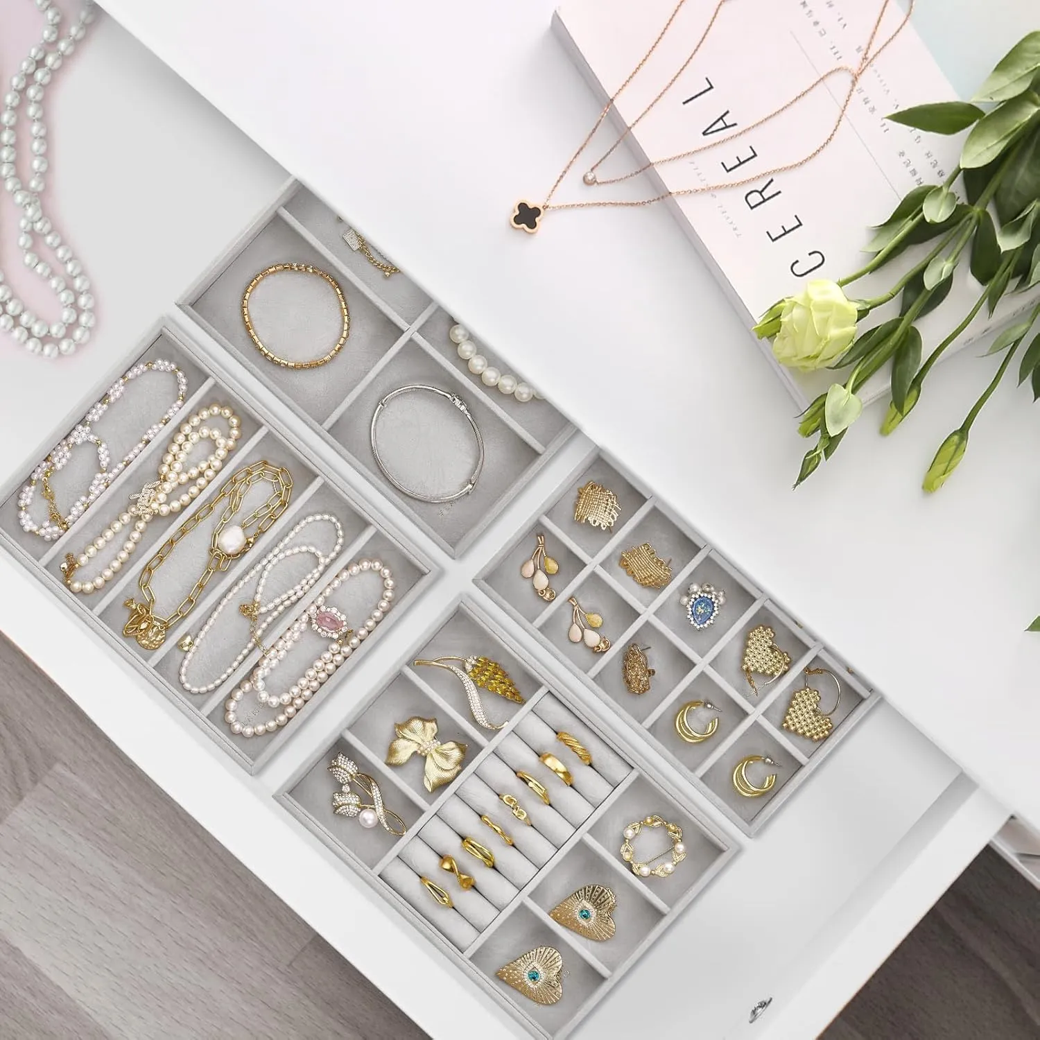 Vlando 6 Grids & Rings Slot Jewelry Tray, Small Drawer Jewelry Organizer, Stackable Organizer Trays - Grey
