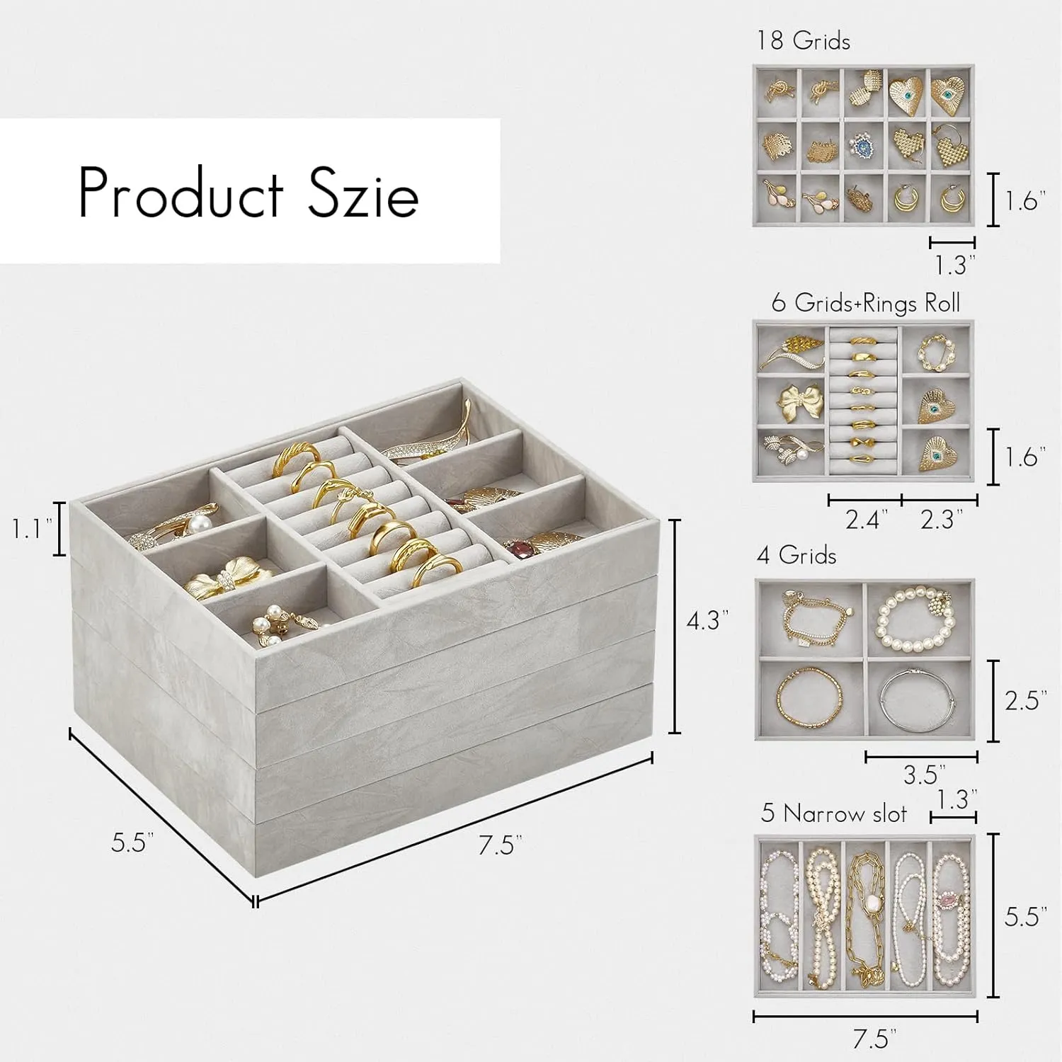 Vlando 6 Grids & Rings Slot Jewelry Tray, Small Drawer Jewelry Organizer, Stackable Organizer Trays - Grey