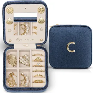 Vlando Travel Essentials for Women Jewelry Box, Travel Accessories for Teen Girl Trendy Stuff, Necklace Earrings Ring Organizer, Travel Must Have - Letter C, Dark Blue