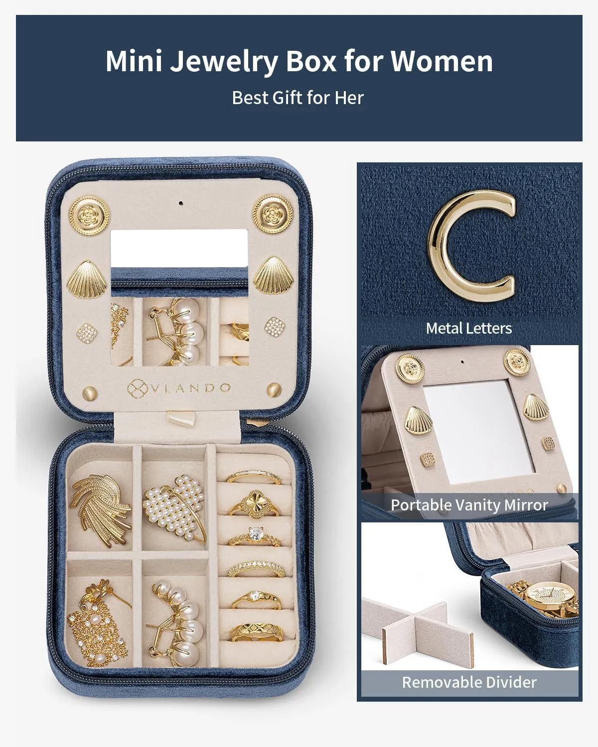 Vlando Travel Essentials for Women Jewelry Box, Travel Accessories for Teen Girl Trendy Stuff, Necklace Earrings Ring Organizer, Travel Must Have - Letter C, Dark Blue