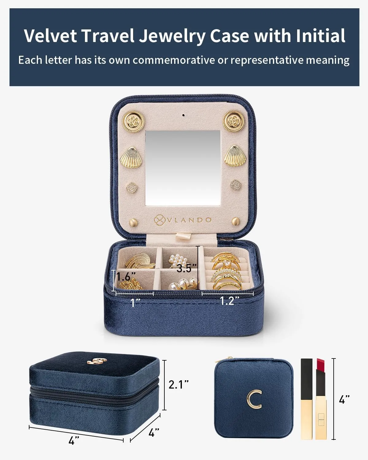 Vlando Travel Essentials for Women Jewelry Box, Travel Accessories for Teen Girl Trendy Stuff, Necklace Earrings Ring Organizer, Travel Must Have - Letter C, Dark Blue