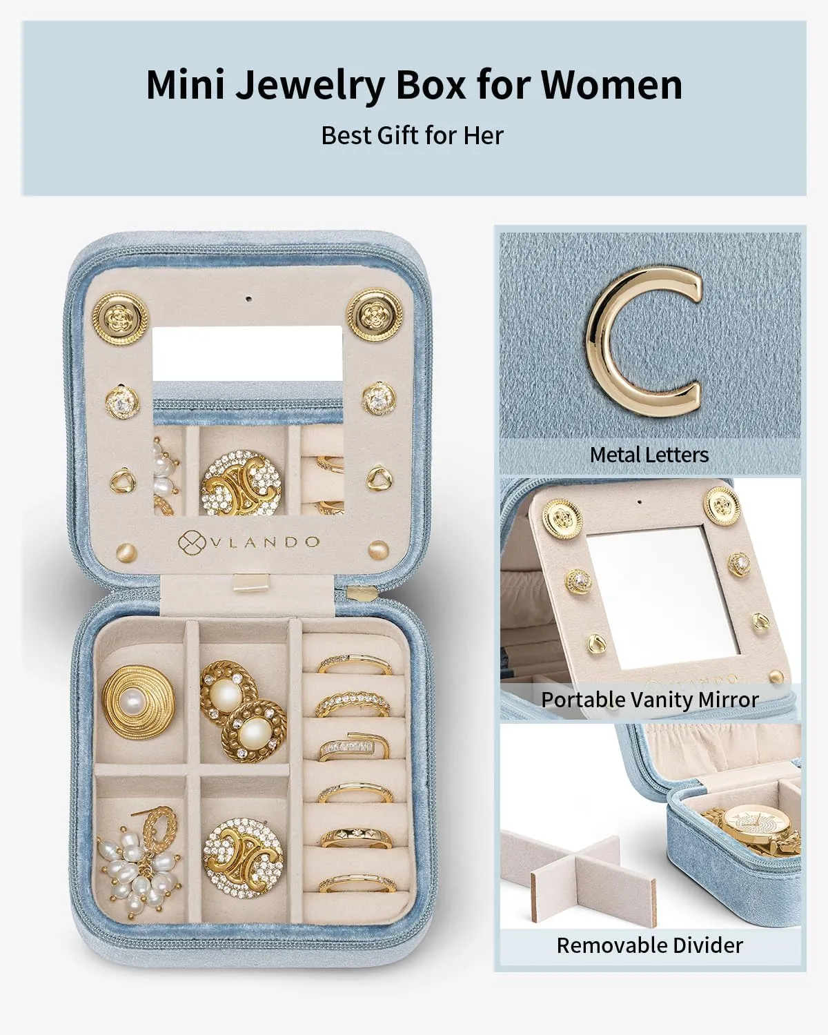 Vlando Travel Essentials for Women Jewelry Box, Travel Accessories for Teen Girl Trendy Stuff, Necklace Organizer Earrings Ring Organizer, Travel Must Have Jewelry Organizer - Letter C, Blue