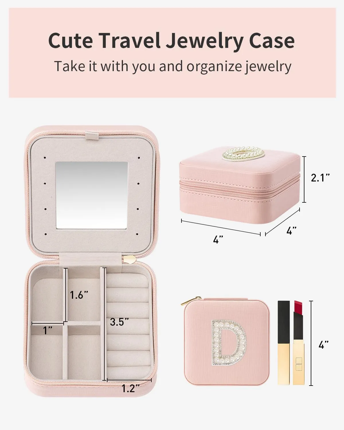 Vlando Travel Essentials for Women Jewelry Box, Travel Accessories for Teen Girl Trendy Stuff, Necklace Organizer Earrings Ring Organizer, Travel Must Have Jewelry Organizer - Letter D, Pink