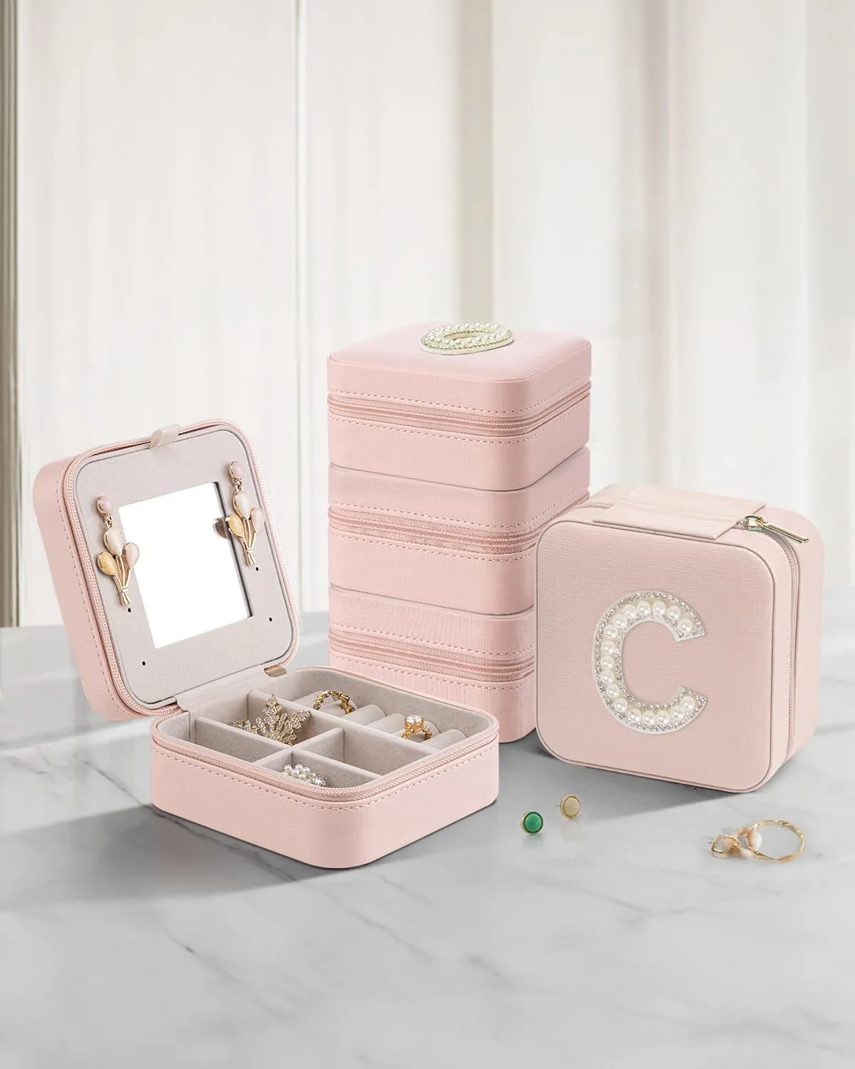 Vlando Travel Essentials for Women Jewelry Box, Travel Accessories for Teen Girl Trendy Stuff, Necklace Organizer Earrings Ring Organizer, Travel Must Have Jewelry Organizer - Letter D, Pink