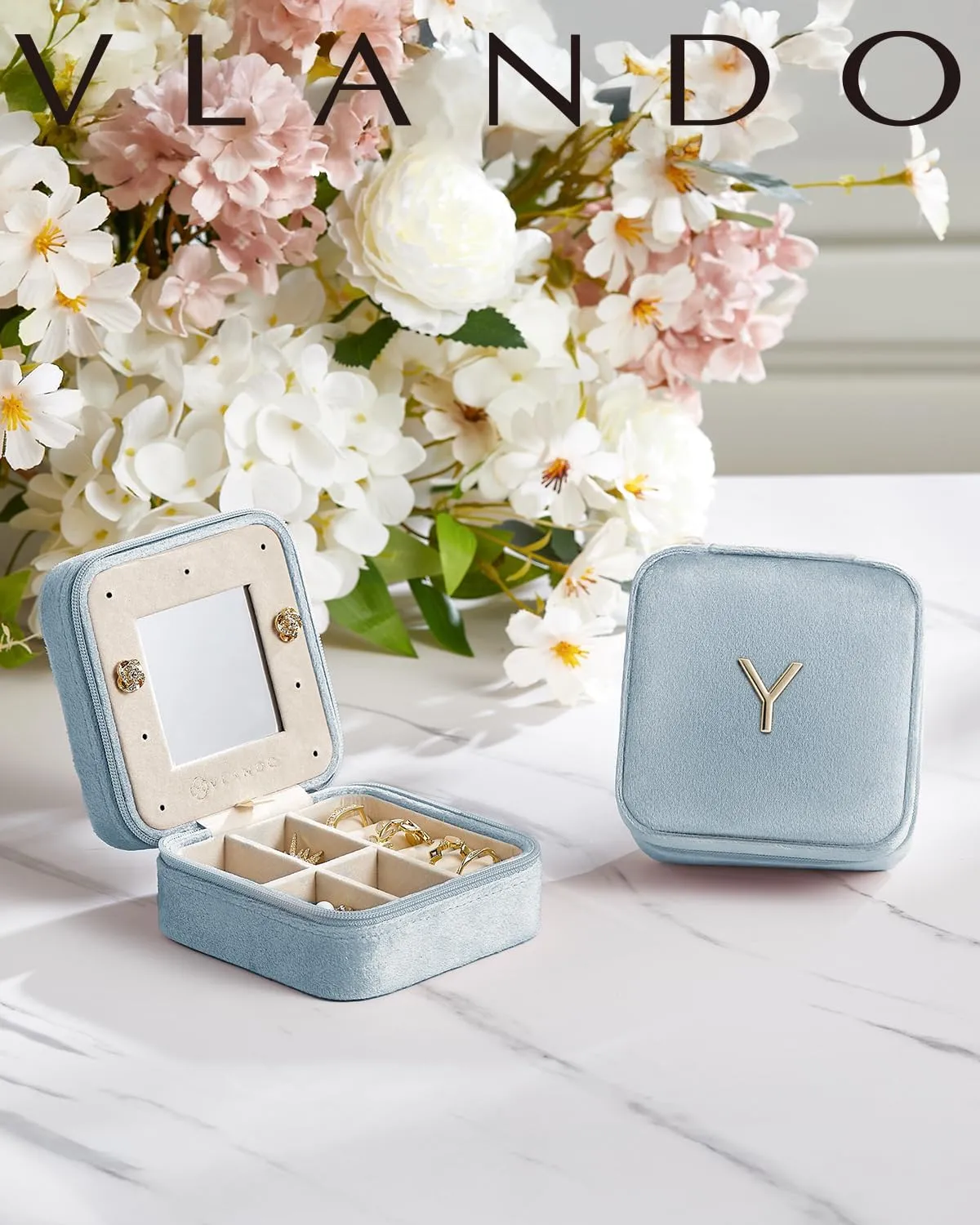 Vlando Travel Jewelry Box for Girls Women, Initial Jewelry Organizer Box Travel Must Haves Jewelry Case for Girls, Necklace Earrings Ring Box Travel Gifts for Sister Daughters - Letter R, Blue