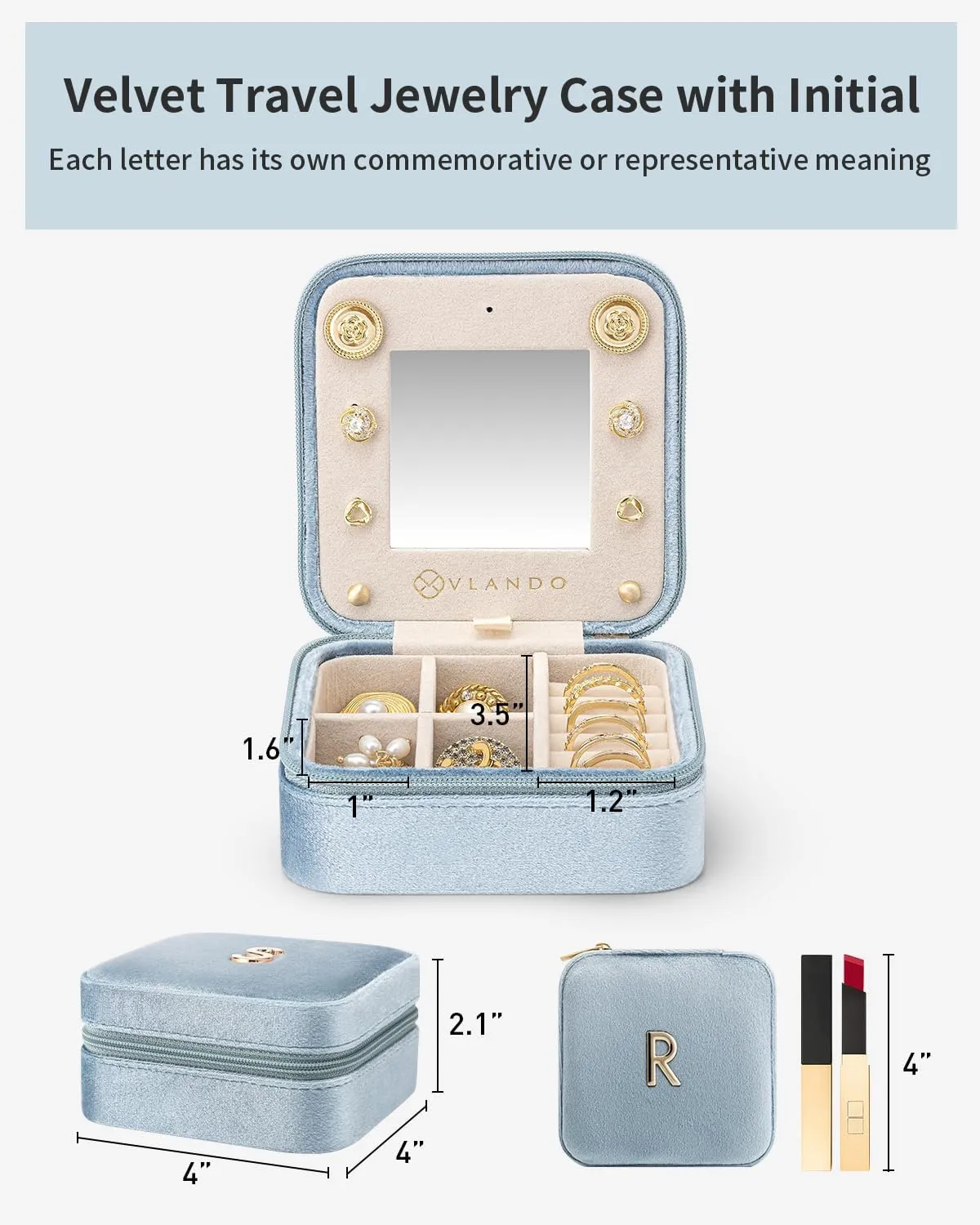 Vlando Travel Jewelry Box for Girls Women, Initial Jewelry Organizer Box Travel Must Haves Jewelry Case for Girls, Necklace Earrings Ring Box Travel Gifts for Sister Daughters - Letter R, Blue