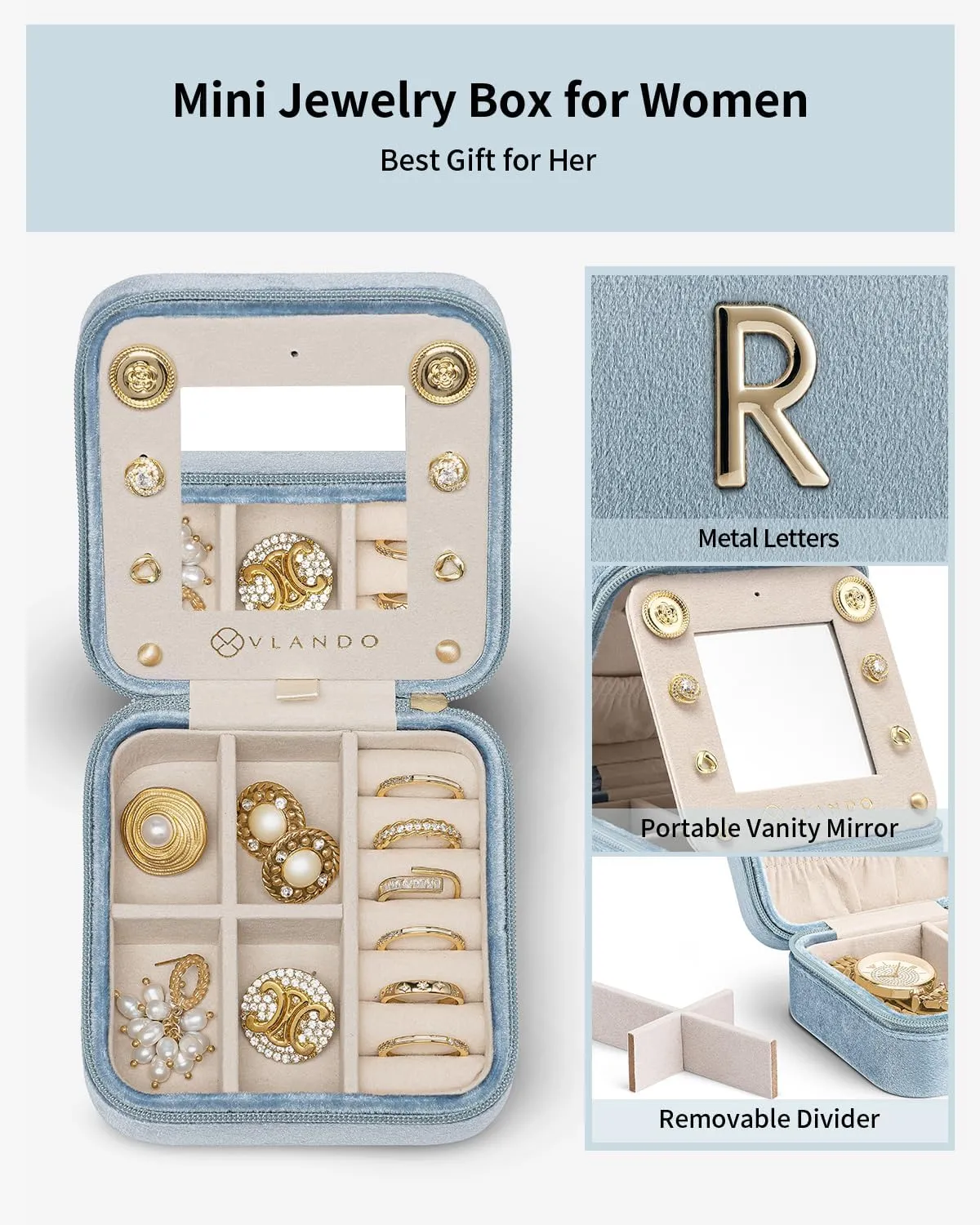 Vlando Travel Jewelry Box for Girls Women, Initial Jewelry Organizer Box Travel Must Haves Jewelry Case for Girls, Necklace Earrings Ring Box Travel Gifts for Sister Daughters - Letter R, Blue