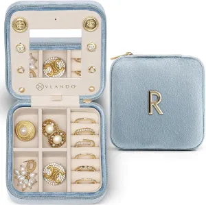 Vlando Travel Jewelry Box for Girls Women, Initial Jewelry Organizer Box Travel Must Haves Jewelry Case for Girls, Necklace Earrings Ring Box Travel Gifts for Sister Daughters - Letter R, Blue