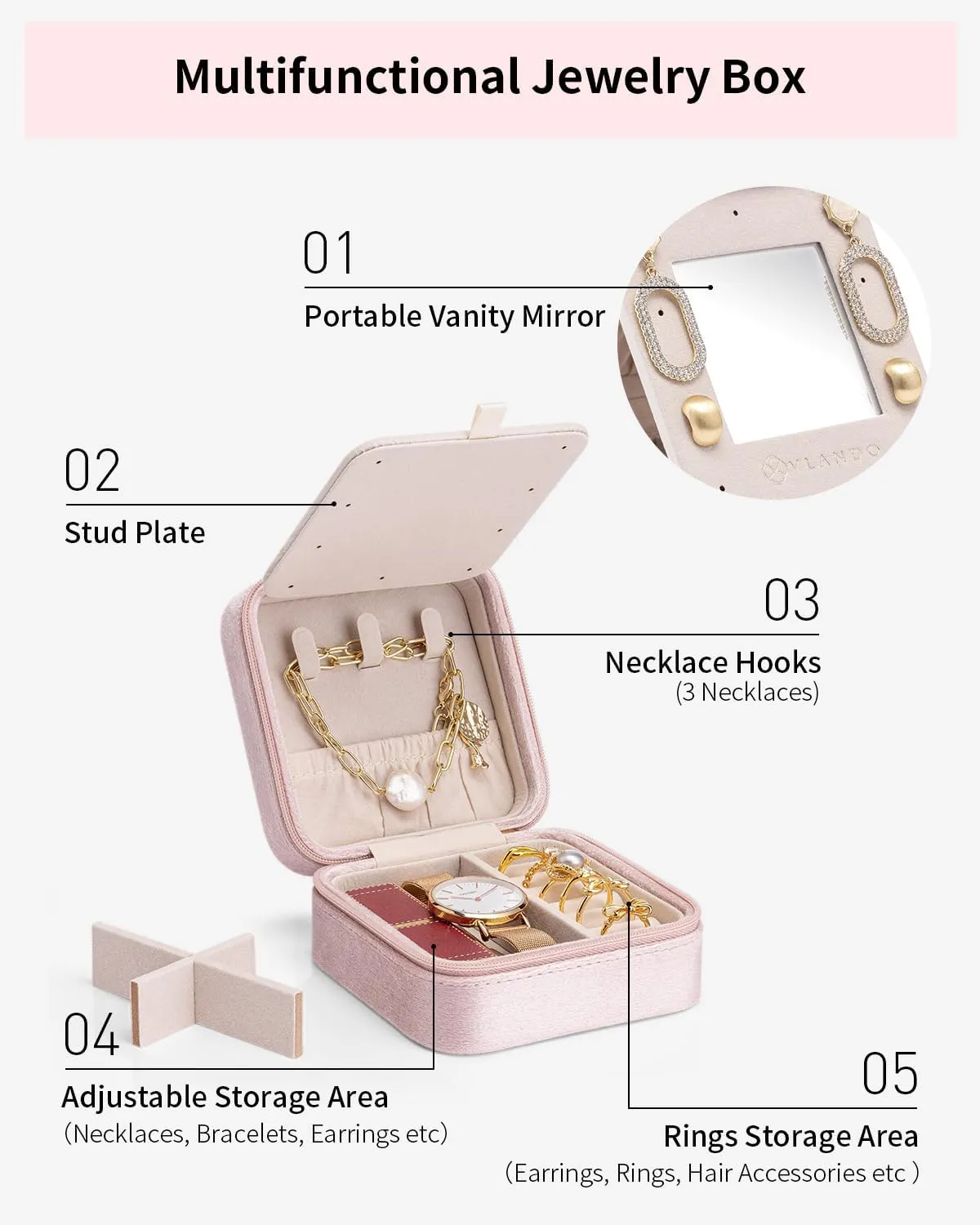 Vlando Travel Jewelry Box for Girls Women, Initial Jewelry Organizer Box Travel Must Haves Jewelry Case for Girls, Necklace Earrings Ring Box Travel Gifts for Sister Daughters - Letter R, Pink