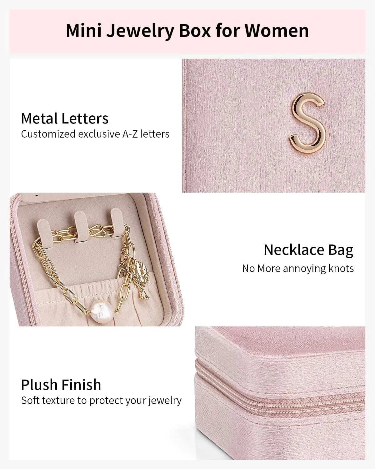 Vlando Travel Jewelry Box for Girls Women, Initial Jewelry Organizer Box Travel Must Haves Jewelry Case for Girls, Necklace Earrings Ring Box Travel Gifts for Sister Daughters - Letter R, Pink