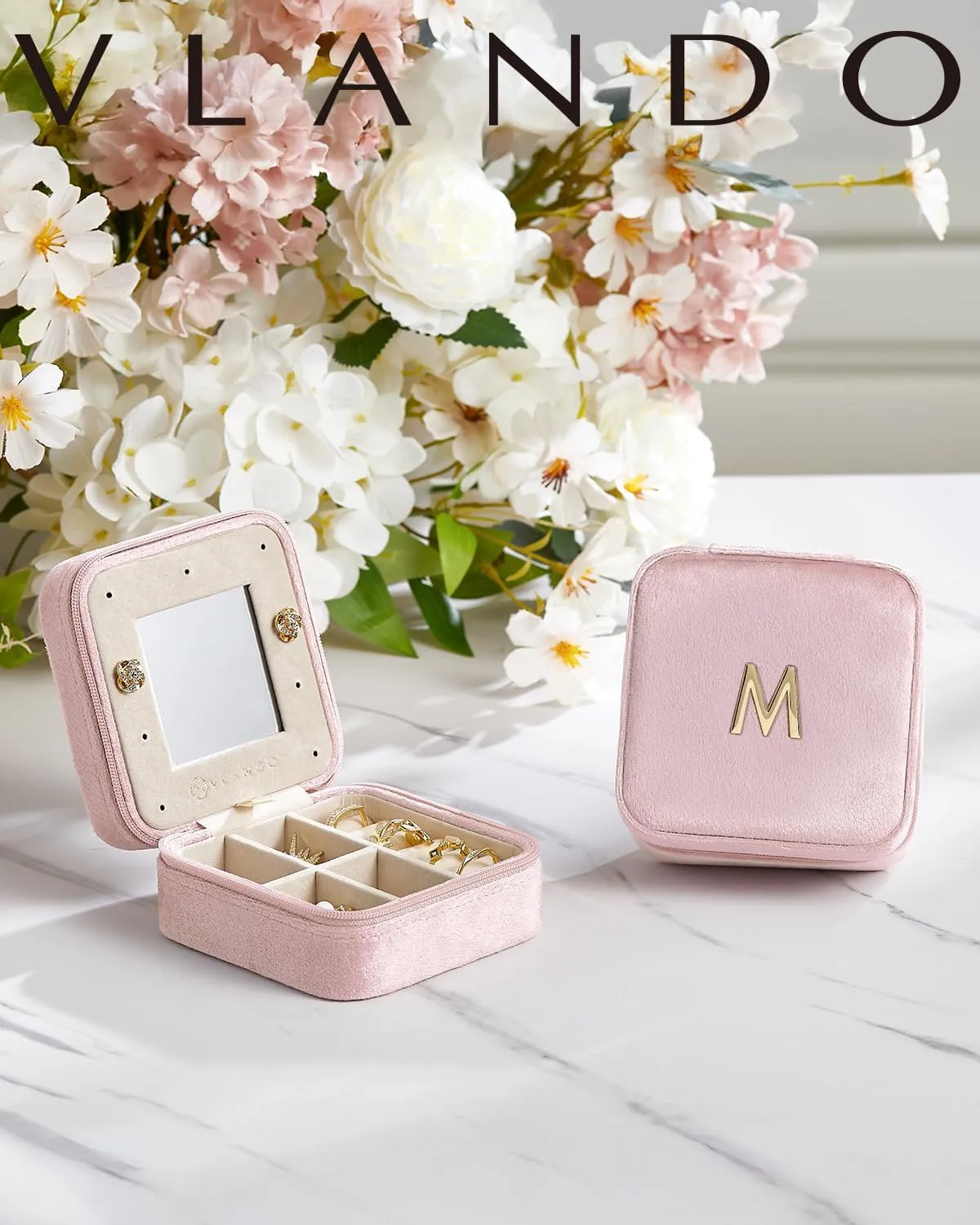 Vlando Travel Jewelry Box for Girls Women, Initial Jewelry Organizer Box Travel Must Haves Jewelry Case for Girls, Necklace Earrings Ring Box Travel Gifts for Sister Daughters - Letter R, Pink