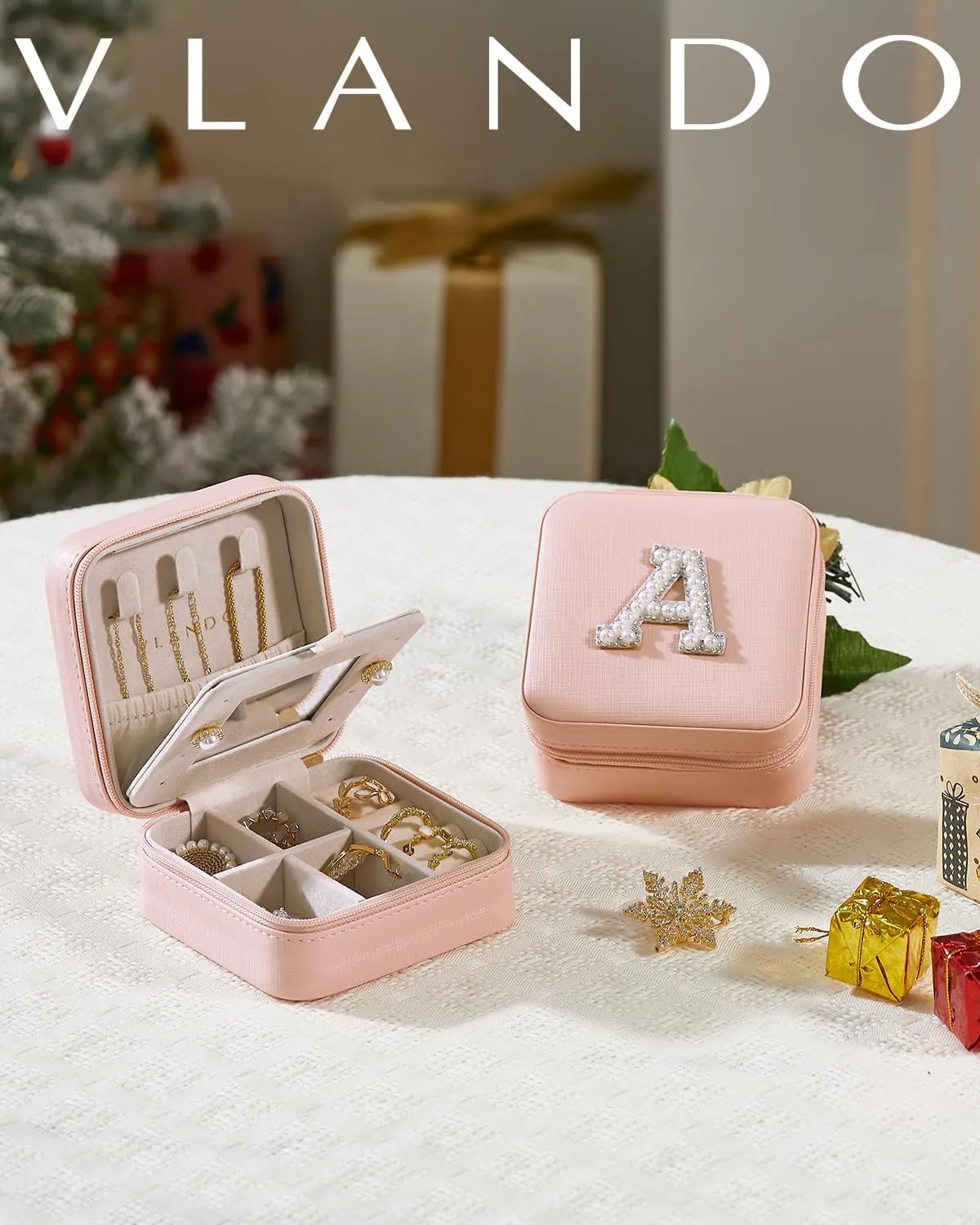Vlando Travel Jewelry Box for Girls Women, Initial Jewelry Organizer Box Travel Must Haves Jewelry Case for Girls, Necklace Earrings Ring Box Travel Gifts for Sister Daughters - Letter S, Pink