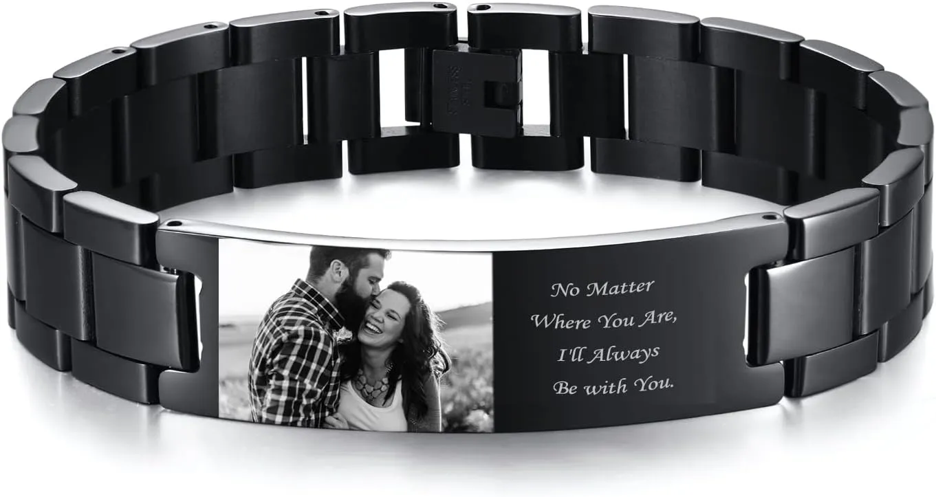 VNOX Personalized Picture Bracelet for Men Women Free Engraving Custom Photo Bracelets Stainless Steel Adjustable Customized Wristbands 5.9-9.5 Inch Customizable Christmas Gifts for Boyfriend Husband