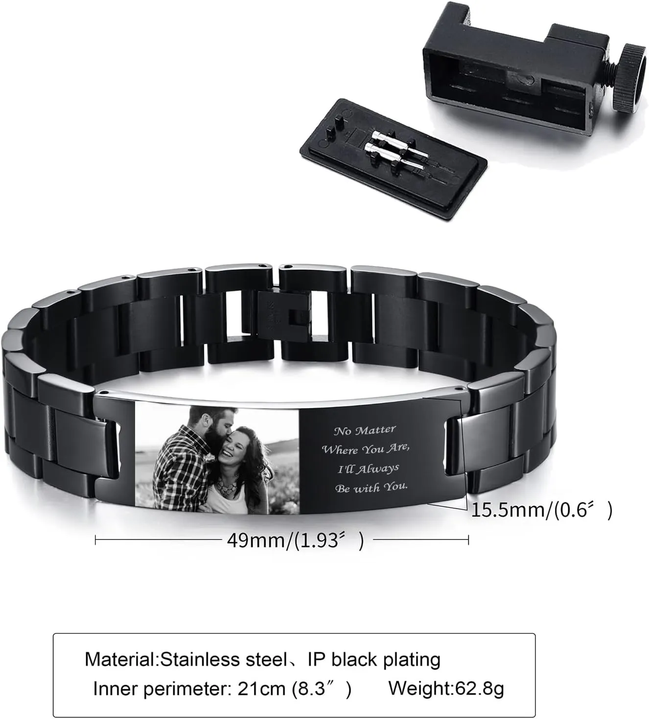 VNOX Personalized Picture Bracelet for Men Women Free Engraving Custom Photo Bracelets Stainless Steel Adjustable Customized Wristbands 5.9-9.5 Inch Customizable Christmas Gifts for Boyfriend Husband