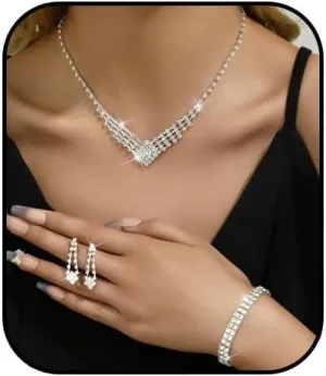 Wedding Bridal Jewelry Set for Women Dainty Cubic Zirconia Silver Crystal Necklace Bracelet Earrings Set for Brides Bridesmaid Prom Costume Accessories