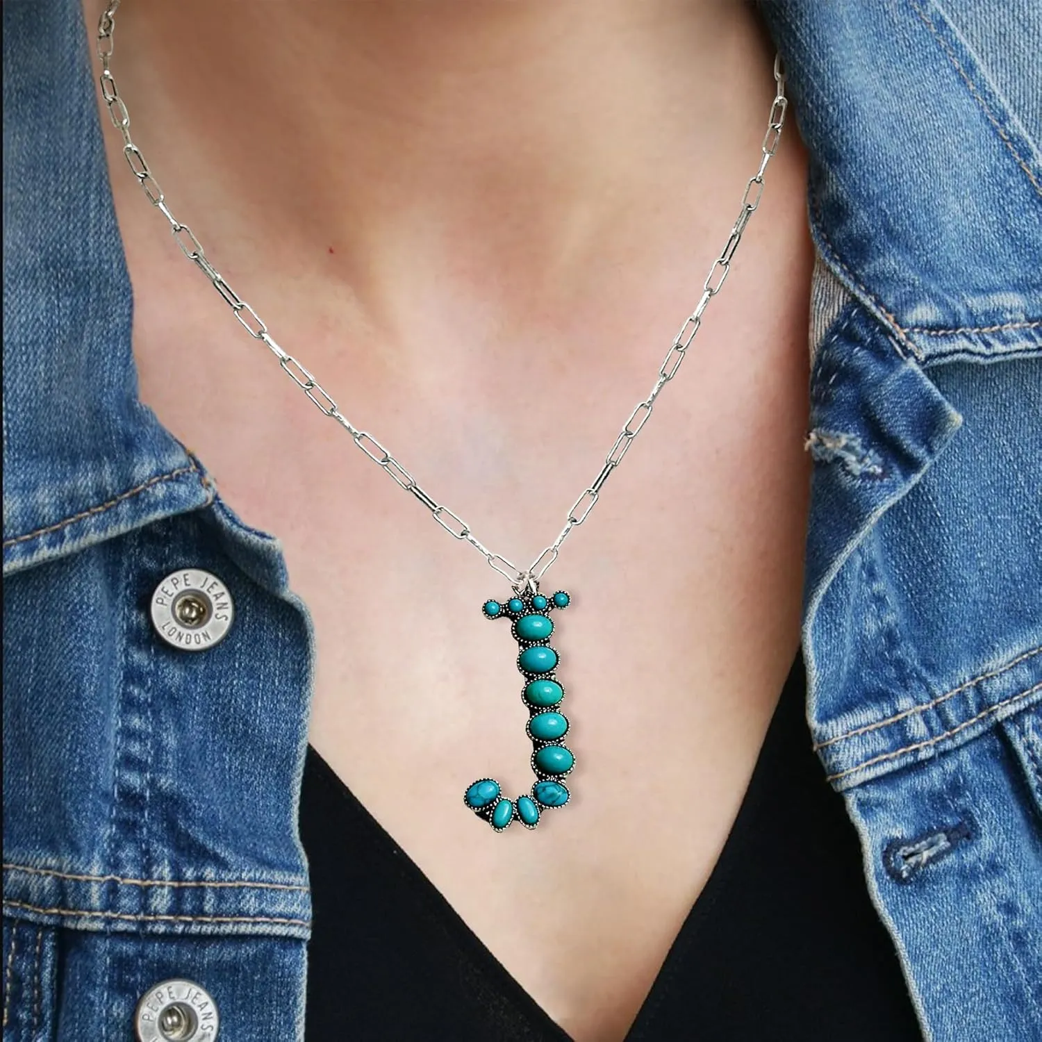 Western Boho Large Turquoise Letter Pendant Initial Necklace No.80