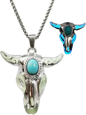 Western Necklace for Cowgirl Cowboy Bohemian Turquoise Bull Ox Head Skull Necklace for Women Men Glow in The Dark Jewelry