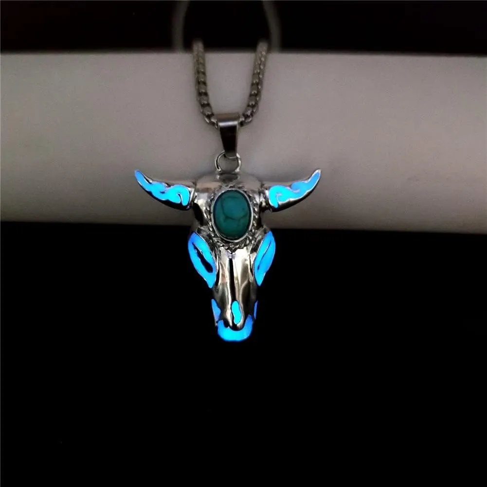 Western Necklace for Cowgirl Cowboy Bohemian Turquoise Bull Ox Head Skull Necklace for Women Men Glow in The Dark Jewelry