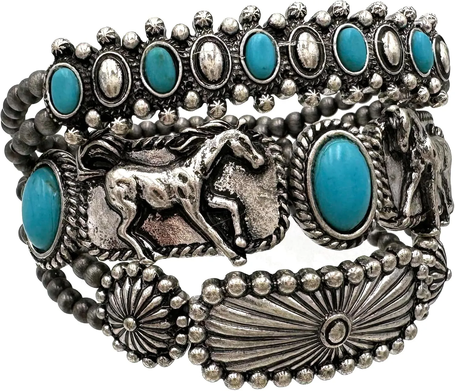 Western Peak Bohemian Horse Navajo Turquoise Three Piece Beaded Bracelet