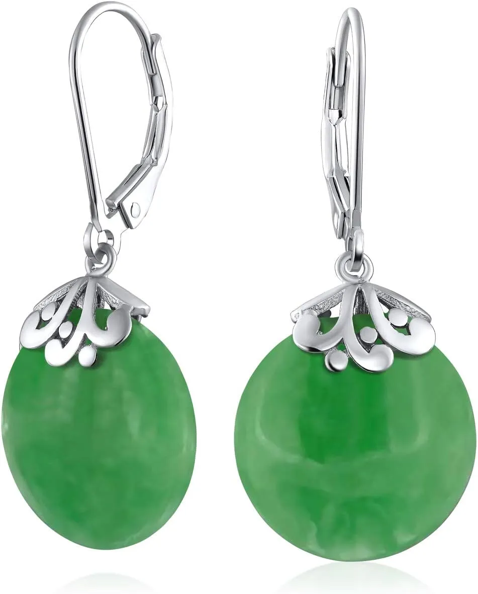 Western Style Filigree Lever Back Blue Red Green Black Gemstones Flat Round Circle Disc Dangle Drops Earrings For Women .925 Sterling Silver