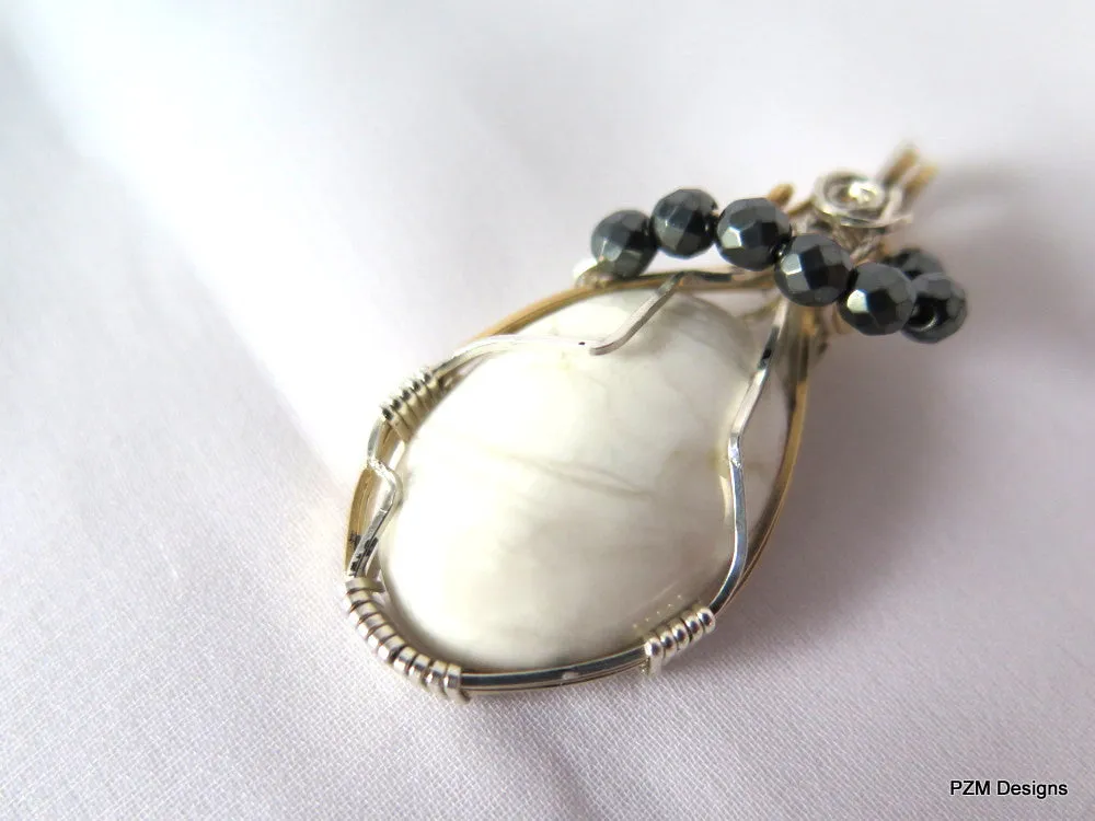 White Howlite Wire Wrapped Pendant, Gift for her