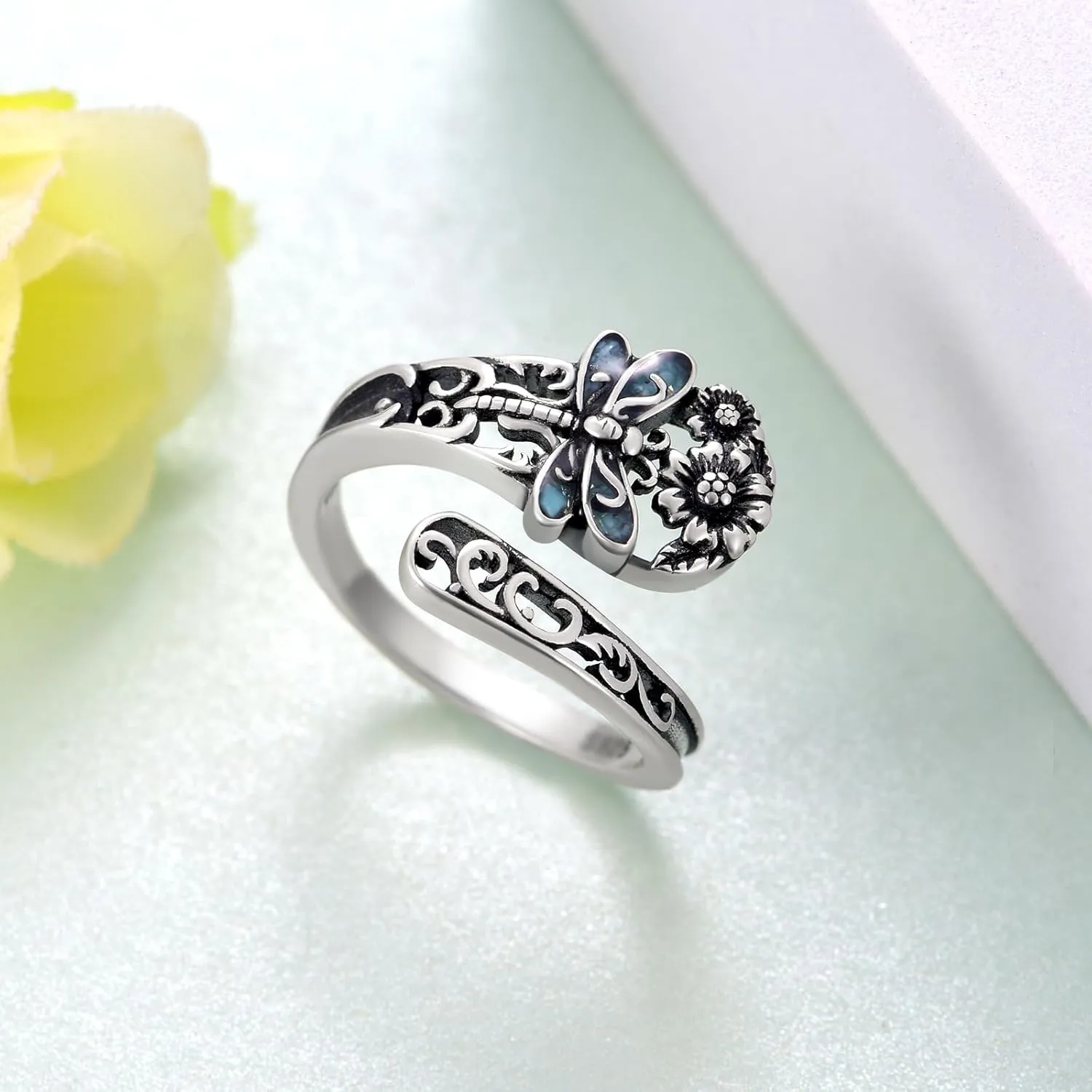 Witches Knot/Just Breathe/Snake/Dragonfly Ring 925 Sterling Silver Spoon Ring Adjustable Thumb Open Ring for Women