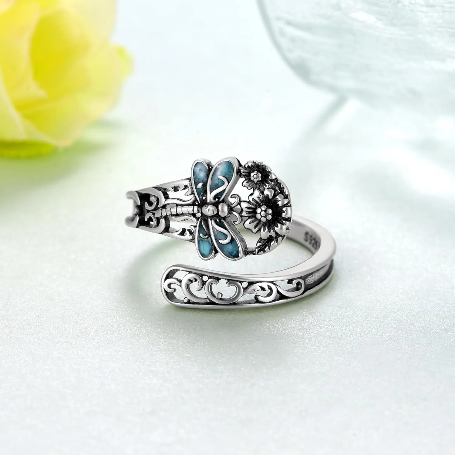 Witches Knot/Just Breathe/Snake/Dragonfly Ring 925 Sterling Silver Spoon Ring Adjustable Thumb Open Ring for Women