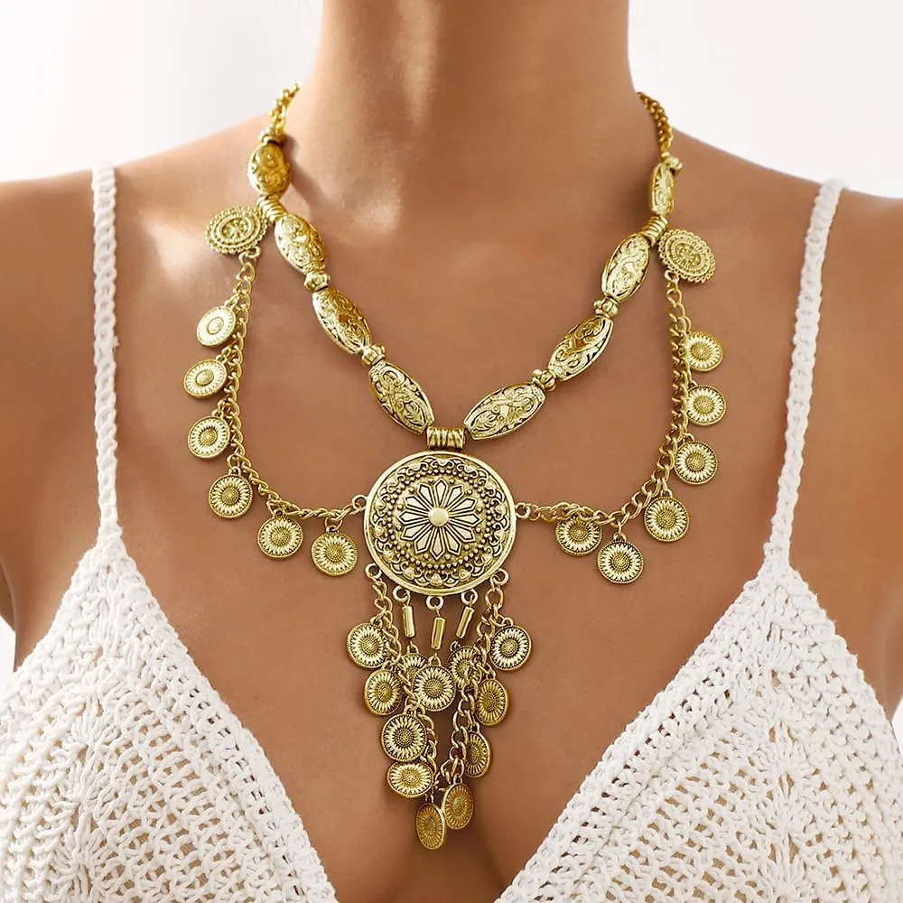Wiwpar Bohemian Coin Collar Bib Statement Necklace Boho Coin Choker Necklace Chunky Long Tassel Engraved Coin Pendent Tribal Bib Festival Halloween Carnival Costume Accessory for Women