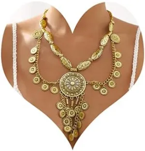 Wiwpar Bohemian Coin Collar Bib Statement Necklace Boho Coin Choker Necklace Chunky Long Tassel Engraved Coin Pendent Tribal Bib Festival Halloween Carnival Costume Accessory for Women