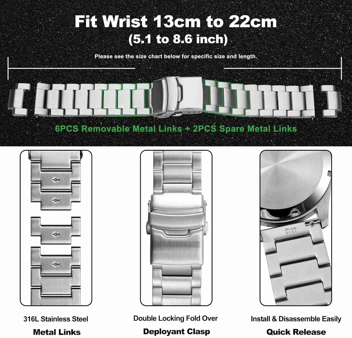 WOCCI 22mm Heavy-duty Metal Watch Band for Men, 316L Stainless Steel, Double Locking Deployant Clasp (Silver)