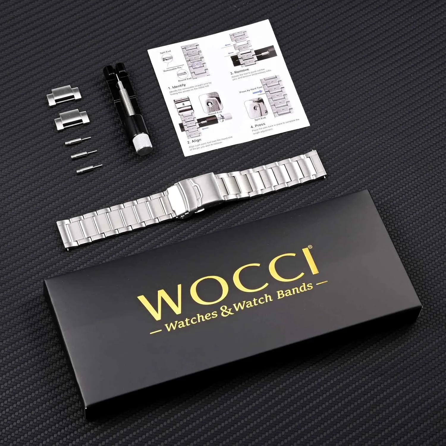 WOCCI 22mm Heavy-duty Metal Watch Band for Men, 316L Stainless Steel, Double Locking Deployant Clasp (Silver)