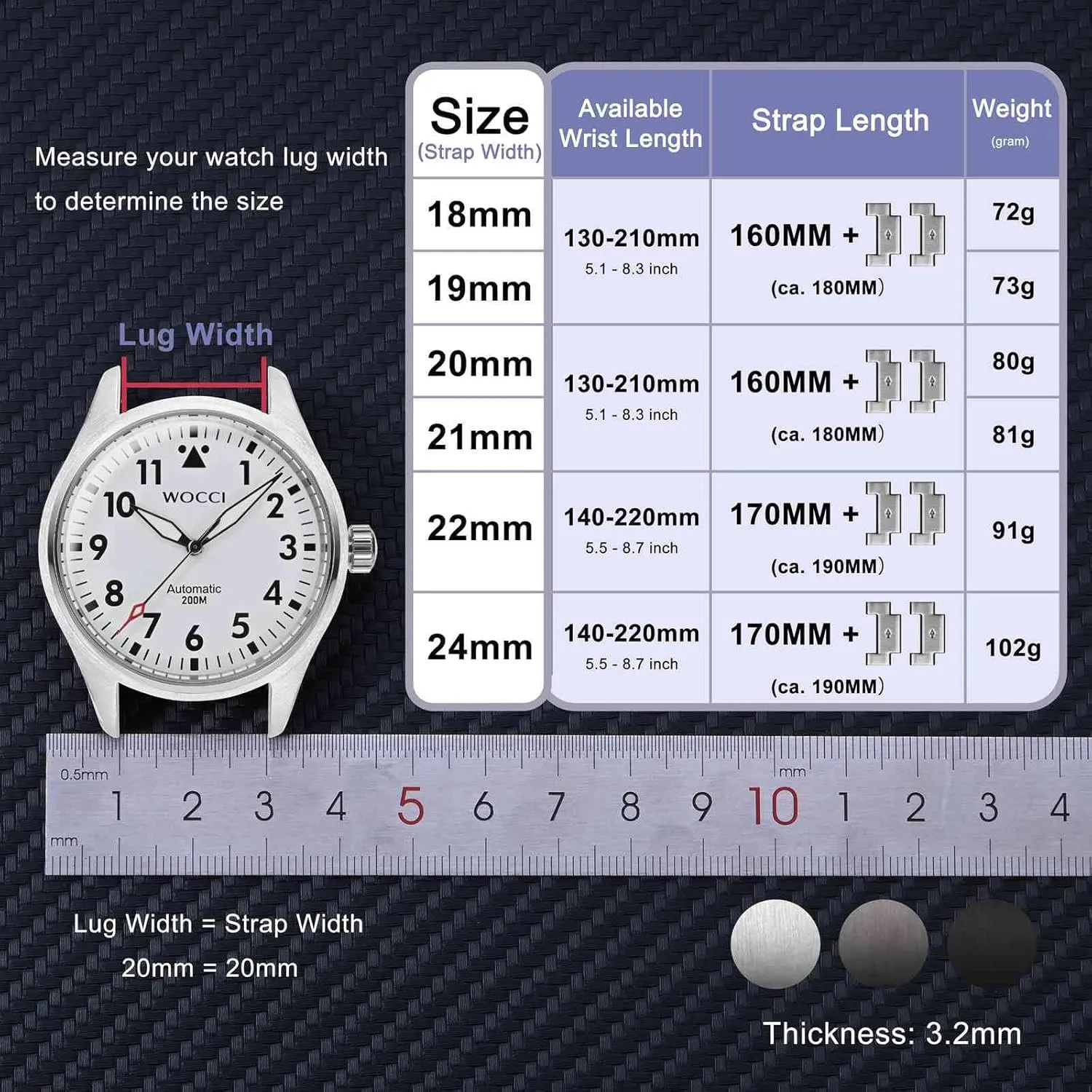 WOCCI 22mm Heavy-duty Metal Watch Band for Men, 316L Stainless Steel, Double Locking Deployant Clasp (Silver)