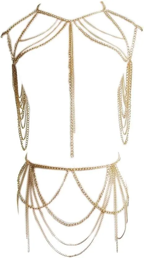 Women Fashion Body Chain Set Layered Necklace Bra Chain Summer Sexy Bohemian Jewelry Accessories Beach Party