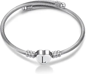 Women Initial Heart A-Z Letter Cuff Bracelet Personalized Name Expandable Wristband Bangle Bracelets Stainless Steel Birthday Jewelry