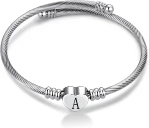 Women Initial Heart A-Z Letter Cuff Bracelet Personalized Name Expandable Wristband Bangle Bracelets Stainless Steel Birthday Jewelry