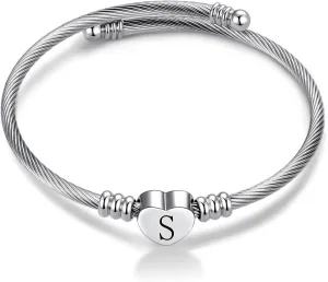 Women Initial Heart A-Z Letter Cuff Bracelet Personalized Name Expandable Wristband Bangle Bracelets Stainless Steel Birthday Jewelry