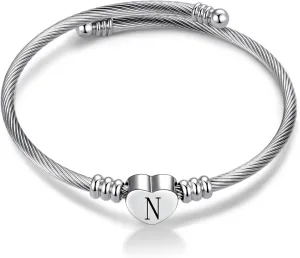 Women Initial Heart A-Z Letter Cuff Bracelet Personalized Name Expandable Wristband Bangle Bracelets Stainless Steel Birthday Jewelry