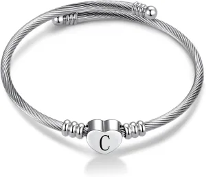 Women Initial Heart A-Z Letter Cuff Bracelet Personalized Name Expandable Wristband Bangle Bracelets Stainless Steel Birthday Jewelry