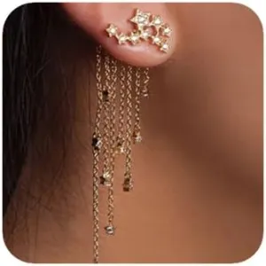 Women Prom Silver Gold Fashion Long Chain Halloween Gold Rhinestone Star Dangle Earrings Gothic Style for Women