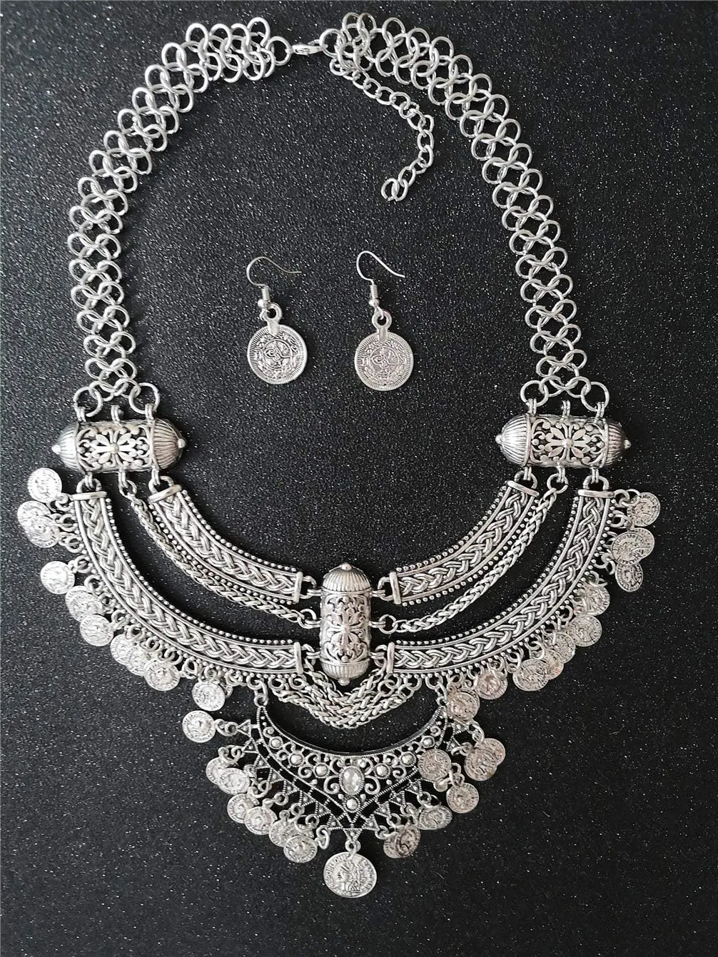 Women Vintage Bohemian Ethnic Gypsy Bib Chunky Festival Statement Coin Necklace and Earrings Set