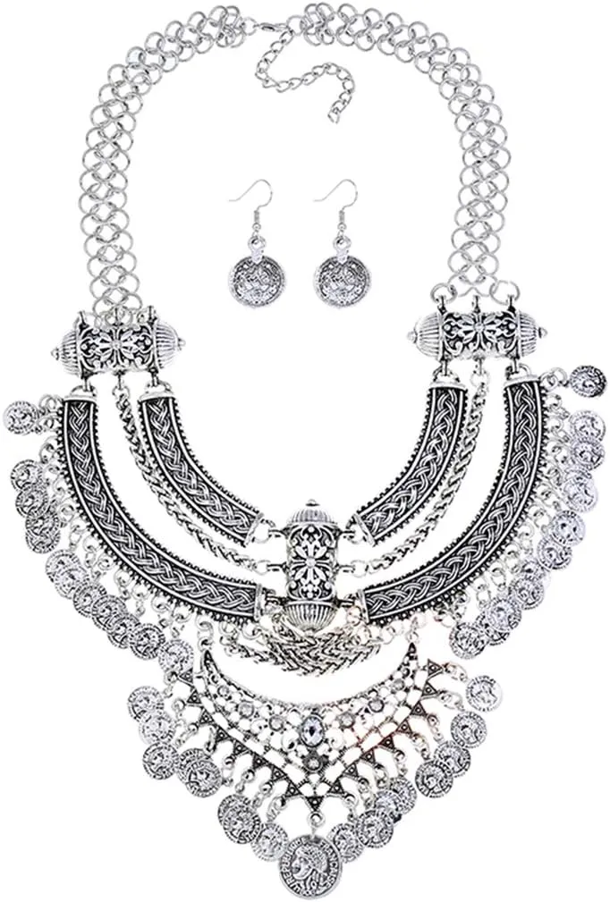 Women Vintage Bohemian Ethnic Gypsy Bib Chunky Festival Statement Coin Necklace and Earrings Set