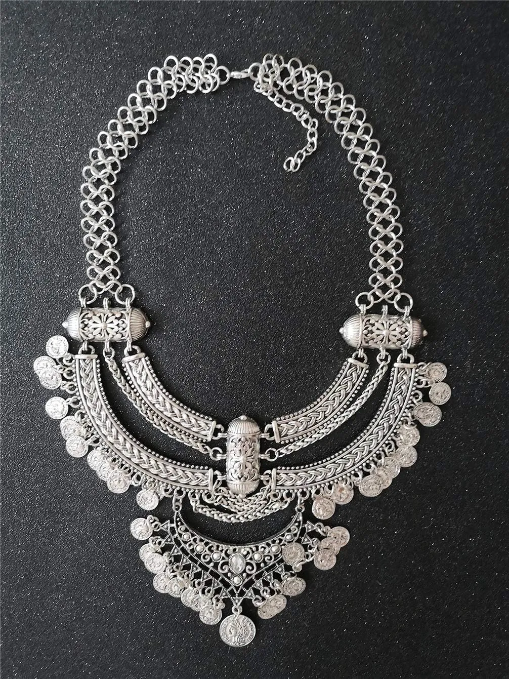 Women Vintage Bohemian Ethnic Gypsy Bib Chunky Festival Statement Coin Necklace and Earrings Set