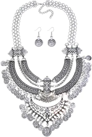 Women Vintage Bohemian Ethnic Gypsy Bib Chunky Festival Statement Coin Necklace and Earrings Set