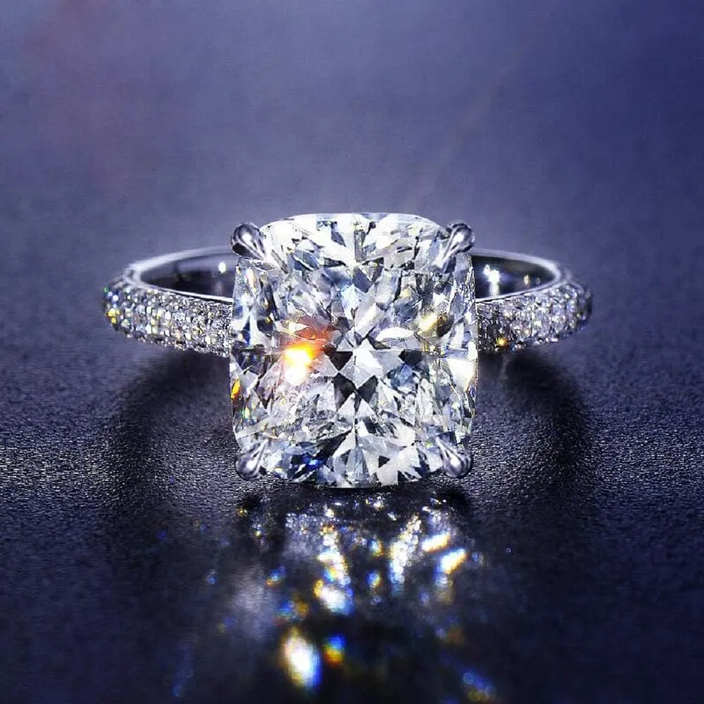 Women's Fashion Shiny Simulation Diamond Ring Plated Platinum Cushion Cut Cubic Zirconia CZ Statement Halo Wedding Engagement Jewelry