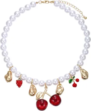 Women's Faux Pearl Necklace with Cherry, Heart, Evil Eye and Cameo Charms - Chunky and Colorful Design