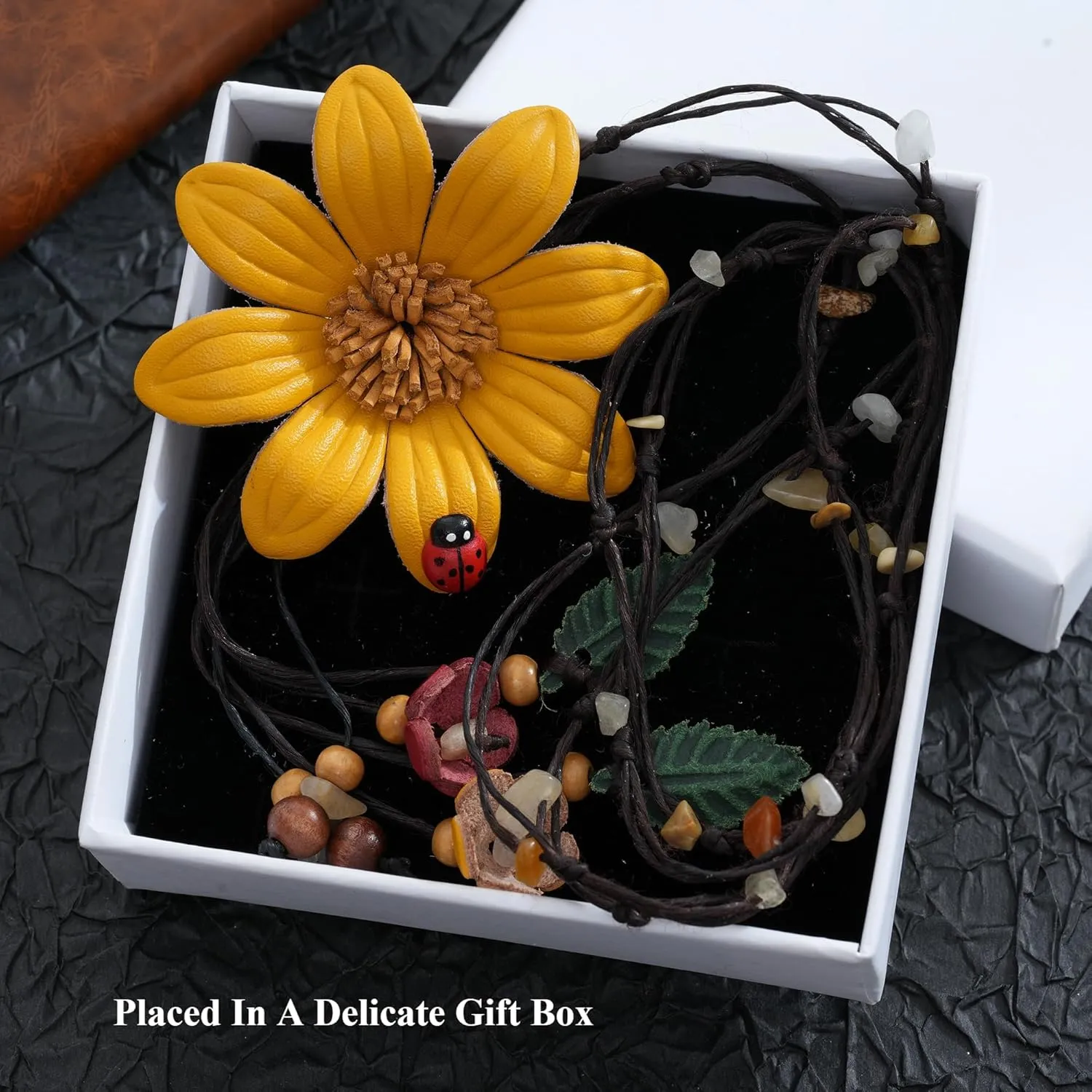 Women's Handmade Leather Flower Long Necklace with Tassels