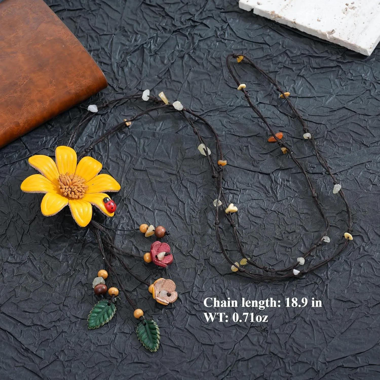 Women's Handmade Leather Flower Long Necklace with Tassels