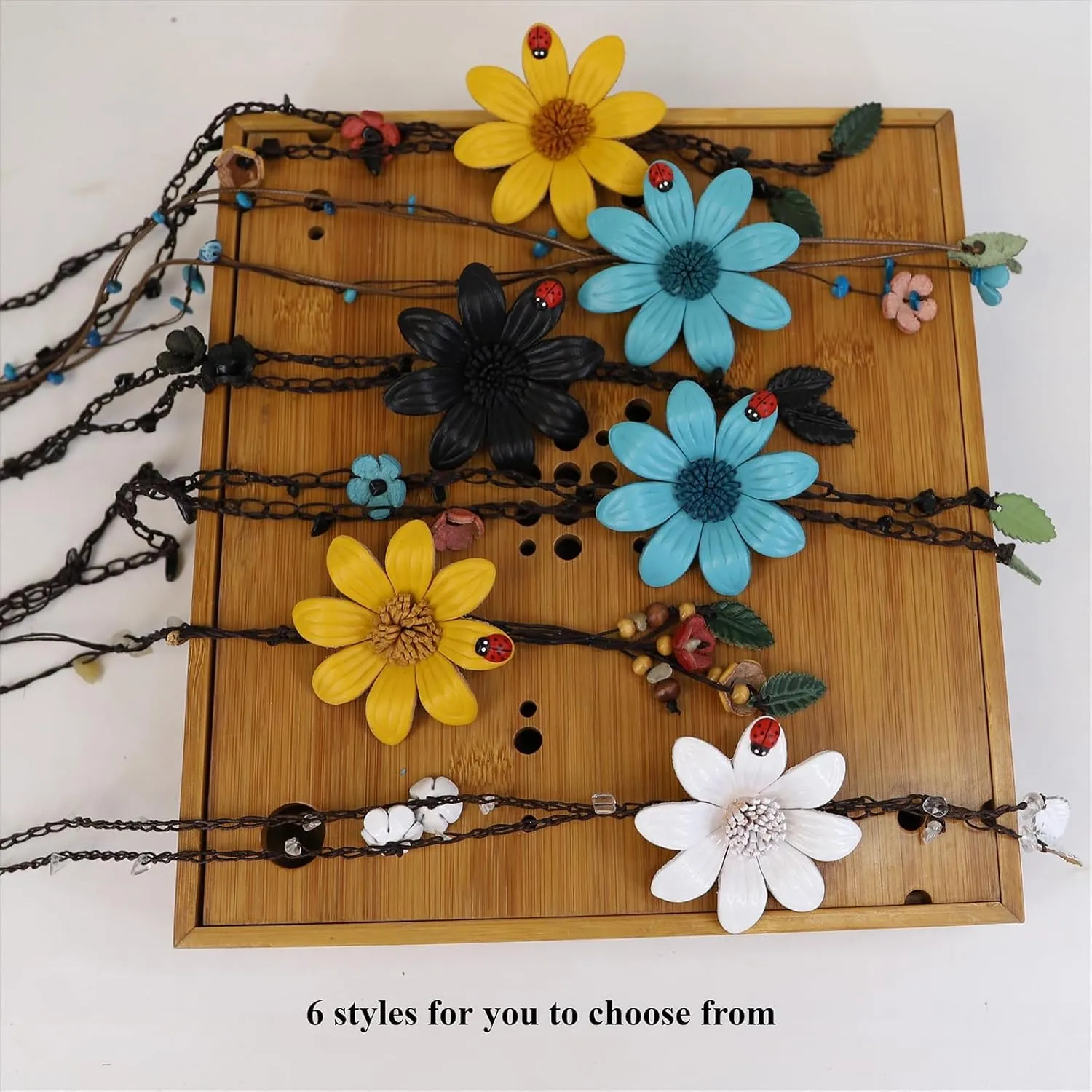 Women's Handmade Leather Flower Long Necklace with Tassels
